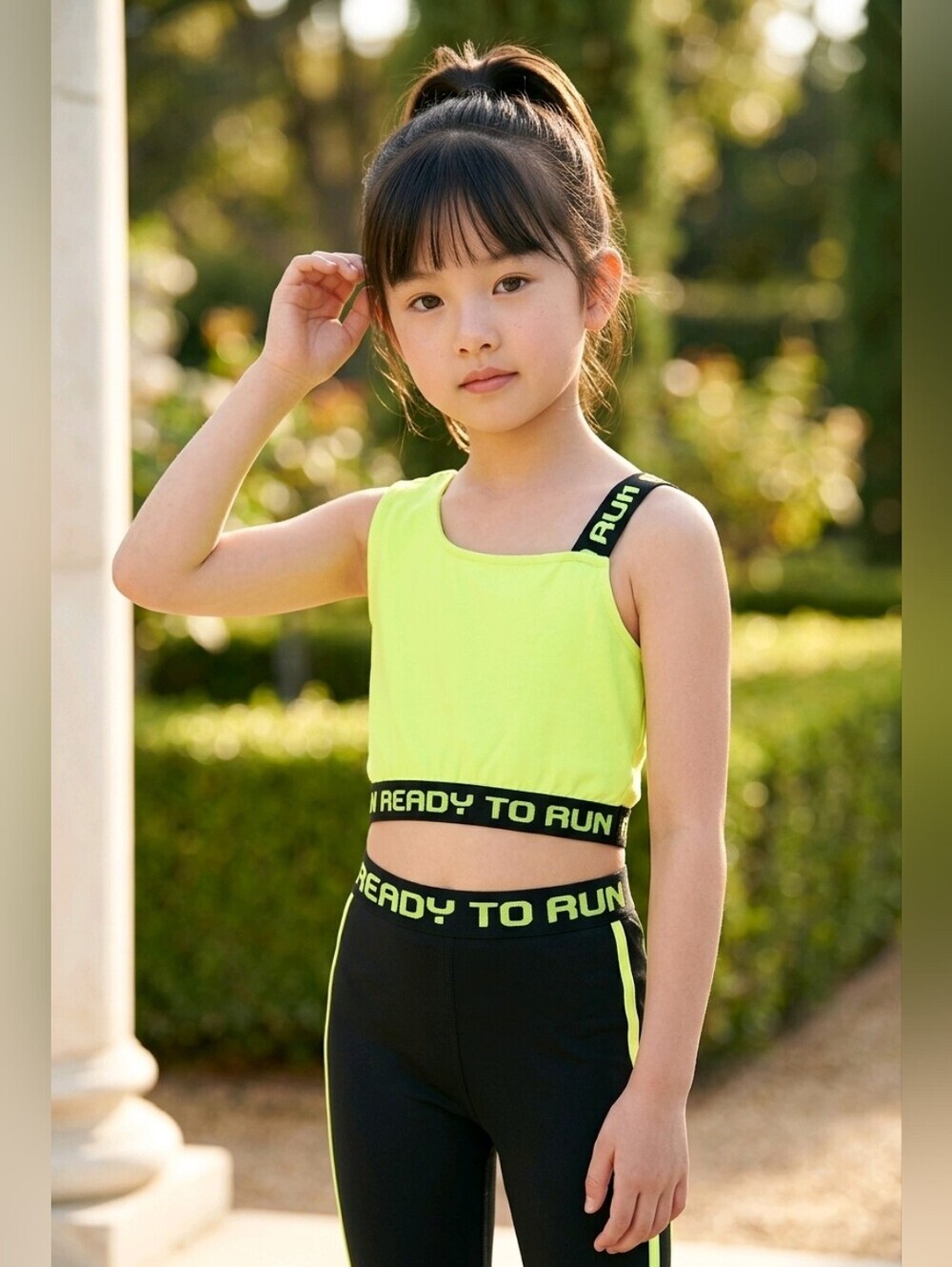 LC Waikiki (2) Neon Yellow & Heather Gray Crop Tops with 'Ready to Run' Band